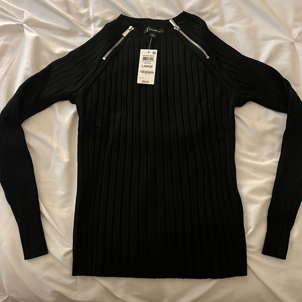 brand new: international concepts deep black zip rib crew in large